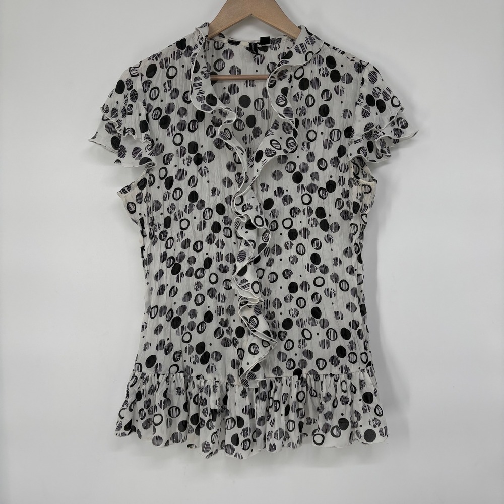 Essentials By Milano Black White Polka Dot Ruffle Peplum Chiffon Blouse‎ Large